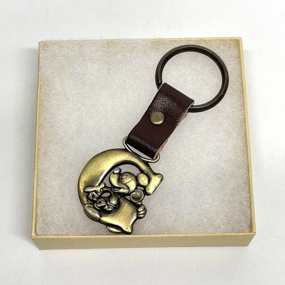 Vintage 80s Disney Mickey Mouse Brass Finished Initial G Keychain Leather Strap